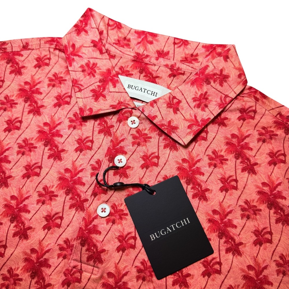 Bugatchi Mens S Palm Tree Print 8-Way Stretch Polo Shirt Red Short Sleeve NWT